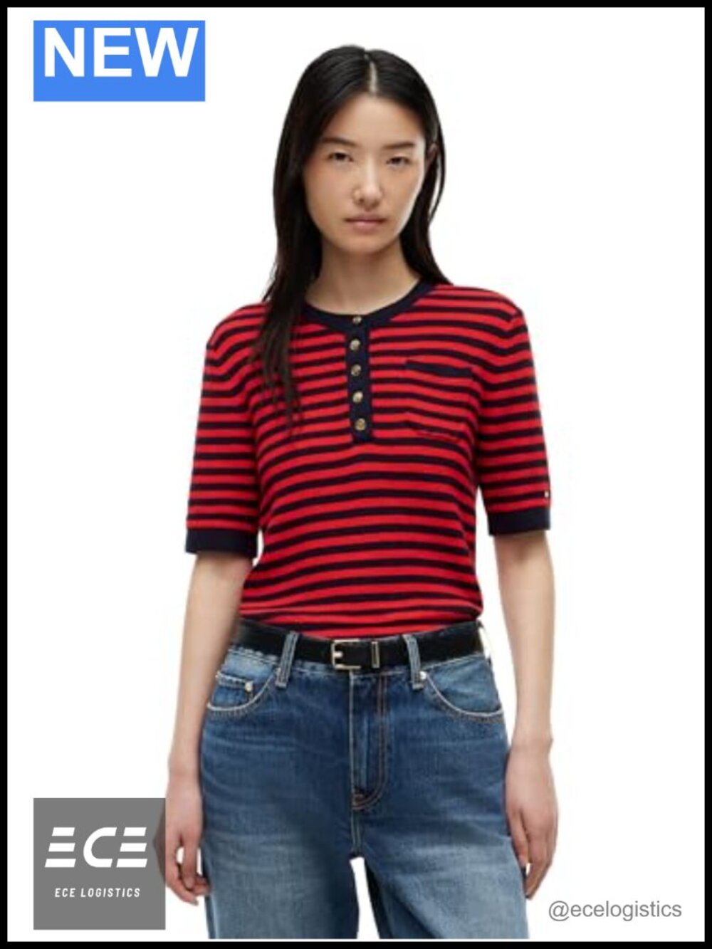 Short Sleeve Cotton Crew Neck Henley Sweater Embellished Buttons